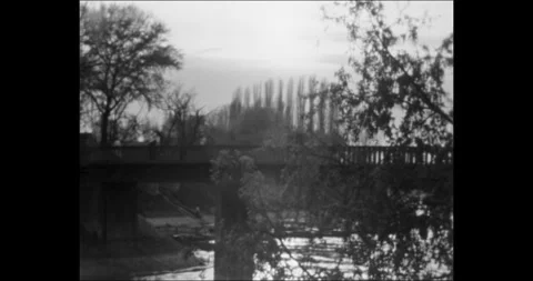 View of Old Pedestrian Bridge and River Nature, Soviet Union, 1970s-1980s Stock Footage 341325607