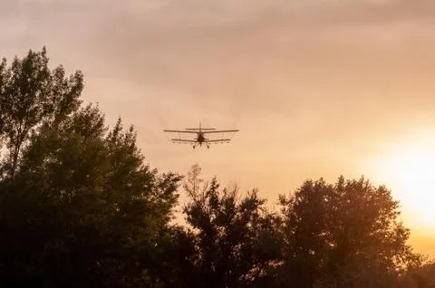 View on an old plane flying during the sunset Stock Photos