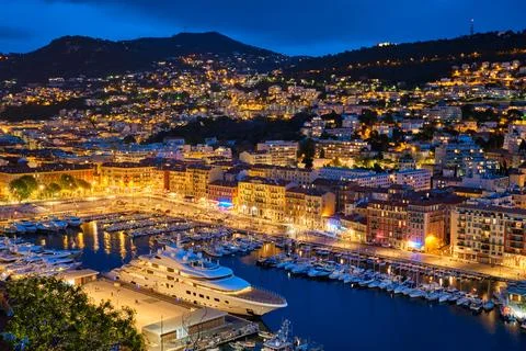 View of Old Port of Nice with yachts, France in the evening Stock Photos
