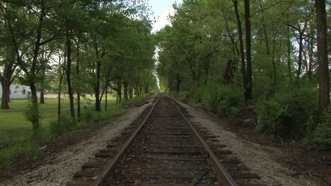 View of an old railroad tracks between rows of parallel trees Troy, Ohio USA Stock Footage 105758992