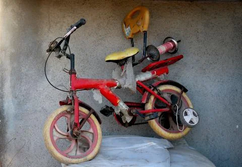 View of old red bicycle Stock Photos