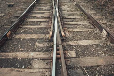 View of the old rustic railroad track. Stock Photos