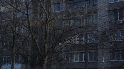View old Soviet gray living buildings on sunny day slow motion. Russian cities Stock Footage 127790325