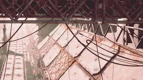 View of old storage area with rusty containers and overhead structure Stock Footage 343507328