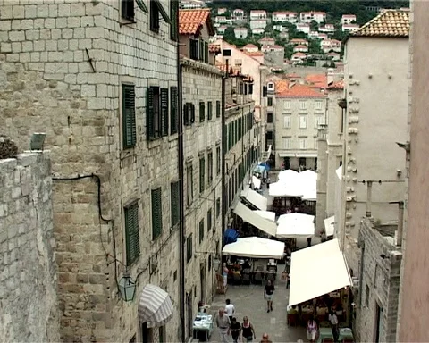 View on old streets of Dubrovnik and tiled roofs from above, Croatia Stock Footage 106607236