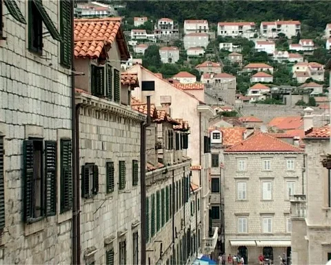 View on old streets of Dubrovnik and tiled roofs from above, Croatia Stock Footage 106607242