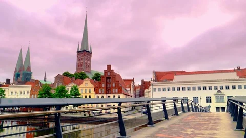 View of the Old Town and bridge in Lubeck, Germany Stock Footage 83062290