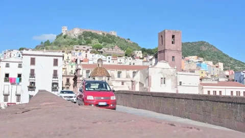 View of old town Bosa,old bridge  in  the Temo river Stock Footage 144844650