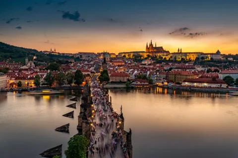 View from Old Town Bridge Tower of Prague during sunset Stock Photos