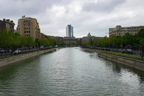 View of the Old Town of Bucharest from a bridge over Dambovita river. Romania Foto stock