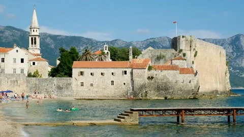 View on Old Town, Budva, Adriatic Sea, Montenegro, Europe Stock Footage 143648400