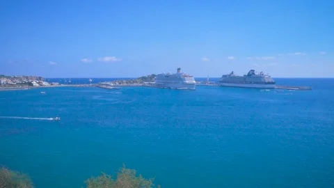 View from the old town Dalt Vila to the port at Ibiza, Spain. Cruise ships Stock Footage 99906143