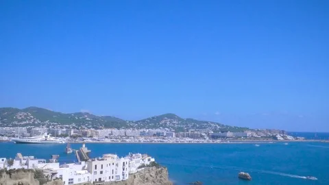 View from the old town Dalt Vila to the port and new town in Ibiza, Spain. Ships Stock Footage 99908250