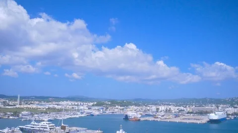 View from the old town Dalt Vila to the port and new town in Ibiza, Spain. Ships Stock Footage 99910645