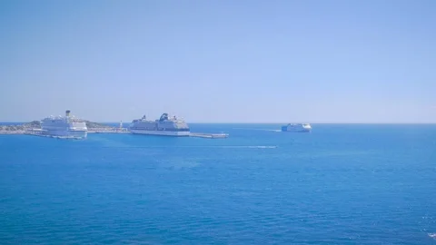 View from the old town Dalt Vila to the port at Ibiza, Spain. Cruise ships Stock Footage 99939523