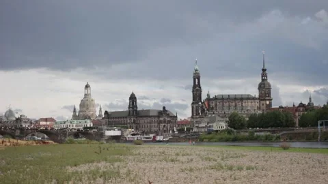 View of the Old Town of Dresden from the Elbe river Stock Footage 247702290