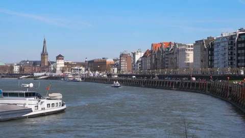 View of the old town of Dusseldorf at the river Rhine Stock Footage 73871663