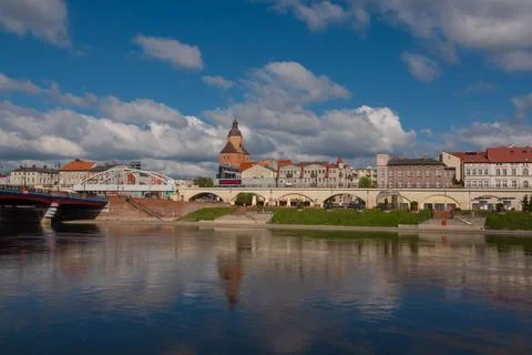  view on Old Town with tower of St. Mary church, Railway viaduct in Gorzow Wielk Stock Photos