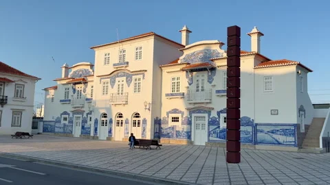 A view of the old train station in the small town of Aveiro, Portugal. Aveiro's Stock Footage 246186314
