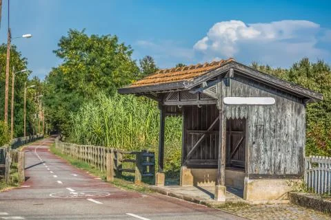 View of old train stop, small infrastructure, vintage wooden building Stock Photos