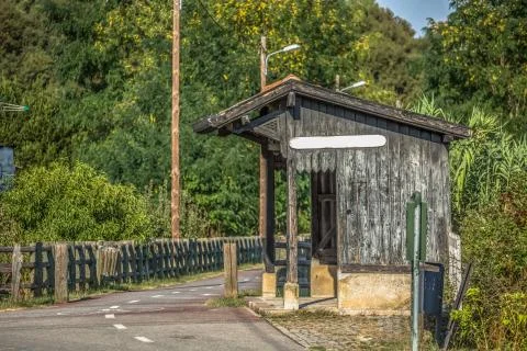 View of old train stop, small infrastructure, vintage wooden building Stock Photos