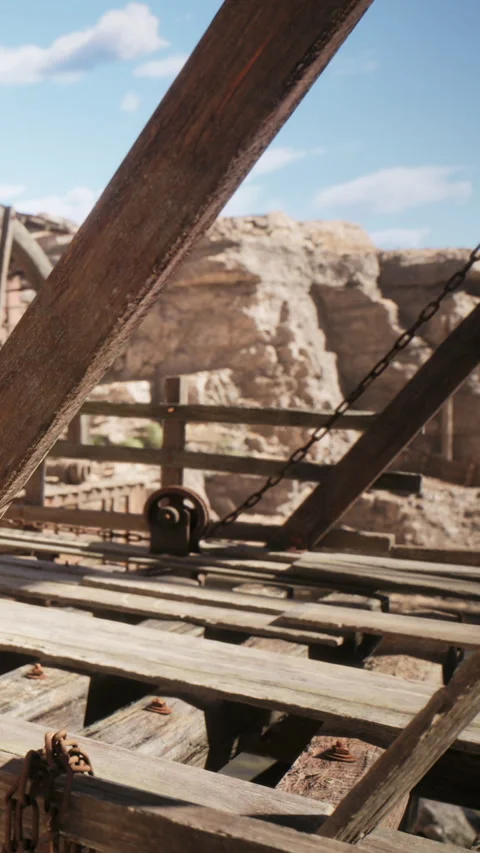 View of old wooden structure at mining site during daytime hours Stock Footage 341017840