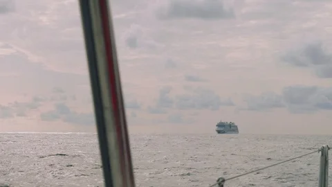 View of oncoming ship on left side. View from cockpit of sailing yacht Stock Footage 93253987