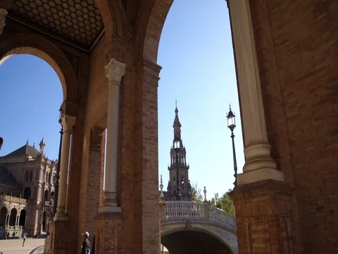 View of one of the arches of Plaza de Espana monument, Sevilla Stock Footage 82450809