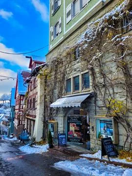 View of one of the charming streets of the medieval town in a sunny winter Stock Photos