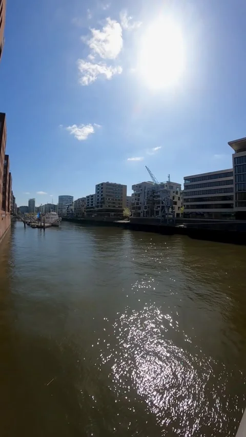 View to the one of river Elbe canal  in Hamburg, Germany. Видео 241026526