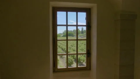 View Of An Open Agricultural Field Though A Window 4 Stock Footage 222051698