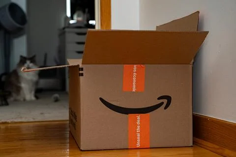 View of open Amazon cardboard box inside home interior. Toronto, Canada - Stock Photos
