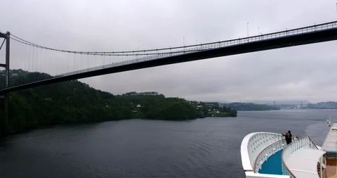 View from open deck of cruise ship to Sotra Bridge in Norway Stockbeeldmateriaal 142705713
