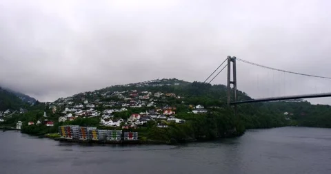 View from open deck of cruise ship to Sotra Bridge in Norway Stock Footage 142705746