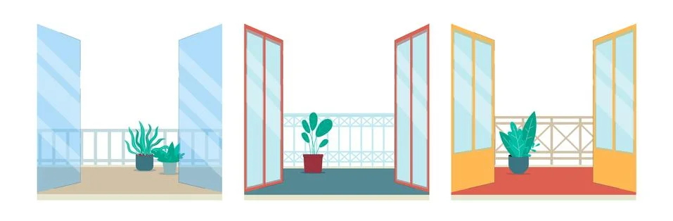 View from open doors on balcony, flat vector illustrations set isolated. Ilustración de archivo