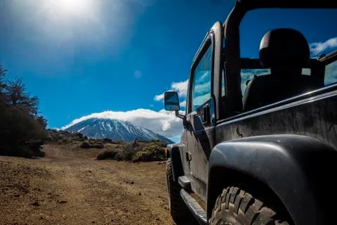 View from open off road car to a long road in the desert Stock-Fotos