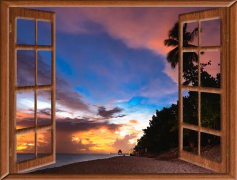 View from the open window of the caribbean sunset Stock Photos