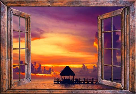 View from the open window of the caribbean sunset Fotos Stock
