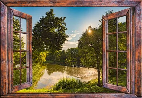 View from the open window to the river Foto stock