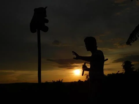View of orange sun and shadow of a man doing martial art Stock Photos