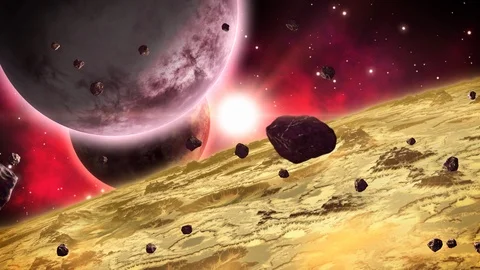 View from an orbit of an unexplored planet with mountains and canyons.. Loop. Stock Footage 103514084