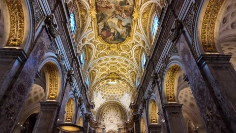 View of the ornate Baroque ceiling inside San Luigi dei Francesi in Rome Stock Footage 326776788