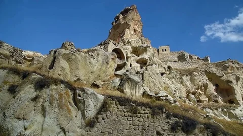 View of Ortahisar castle and cave houses. Cappadocia. Turkey Stock Footage 82254049
