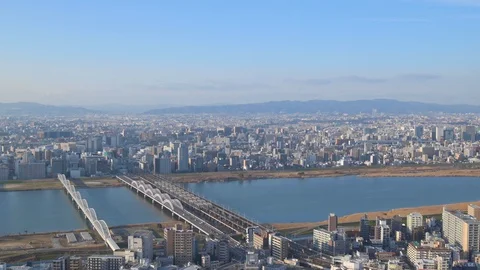 View of Osaka skyline from Umeda Sky building observatory Stock Footage 127613636