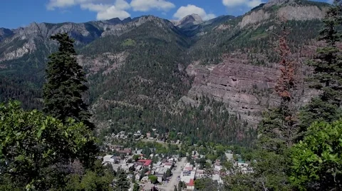 A view of Ouray Colorado from looking down from high on top on a mountain. Stock Footage 53373560