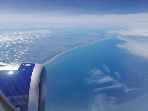 View out of aircraft window, overlooking Greece Stock Photos