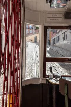 View out of iconic Elevador da Gloria in old town Lisbon Stock Photos
