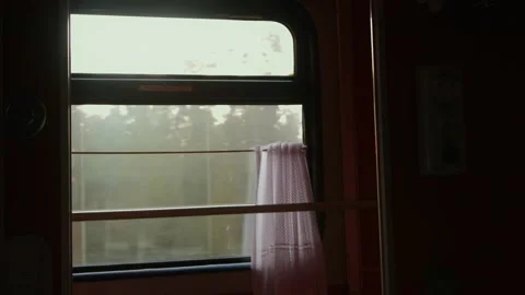 A view out the window of a moving train compartment against the backdrop of a Stock Footage 317812860