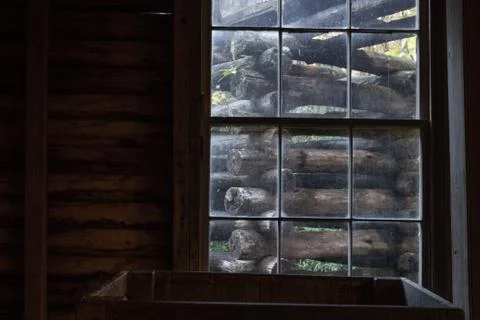 View out of a window in an old mill, sluice, Appalachian scene Stock Photos