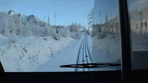 View out of window on the train ride through the snowy mountains Stock Footage 132249695